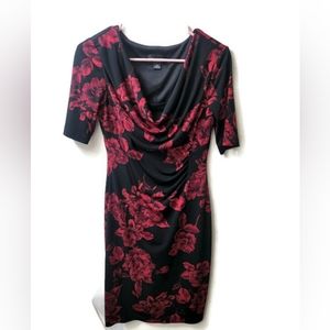 Red Floral on Black Form Fitting Dress